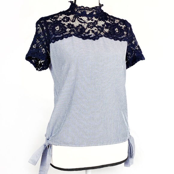 Zara Tops - Zara Pinstripe Lace Side Tie Short Sleeve Blouse